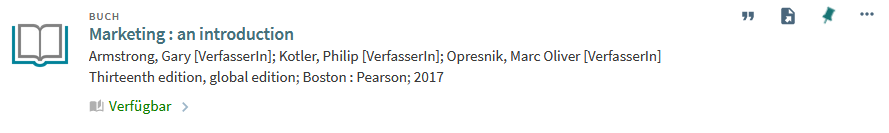 Ein Treffer im WU Katalog. Es handelt sich um „Marketing: an introduction“ von Armstrong, Kotler und Opresnik.